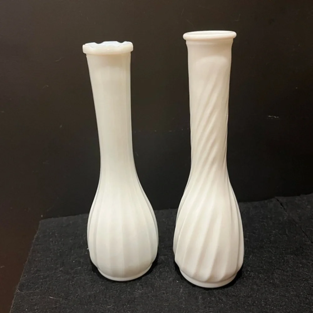 Vintage Milk Glass Bud Vases Straight Ribbed and Swirled Ribbed Set of Two